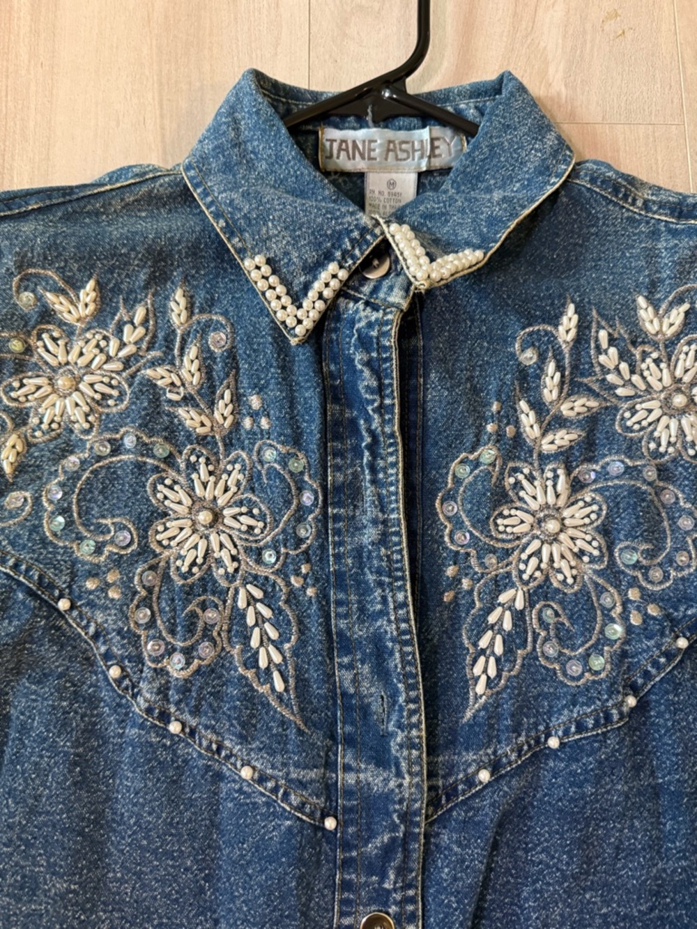 Jane Ashley Blue Denim Shirt with Pearl-Embellished Collar